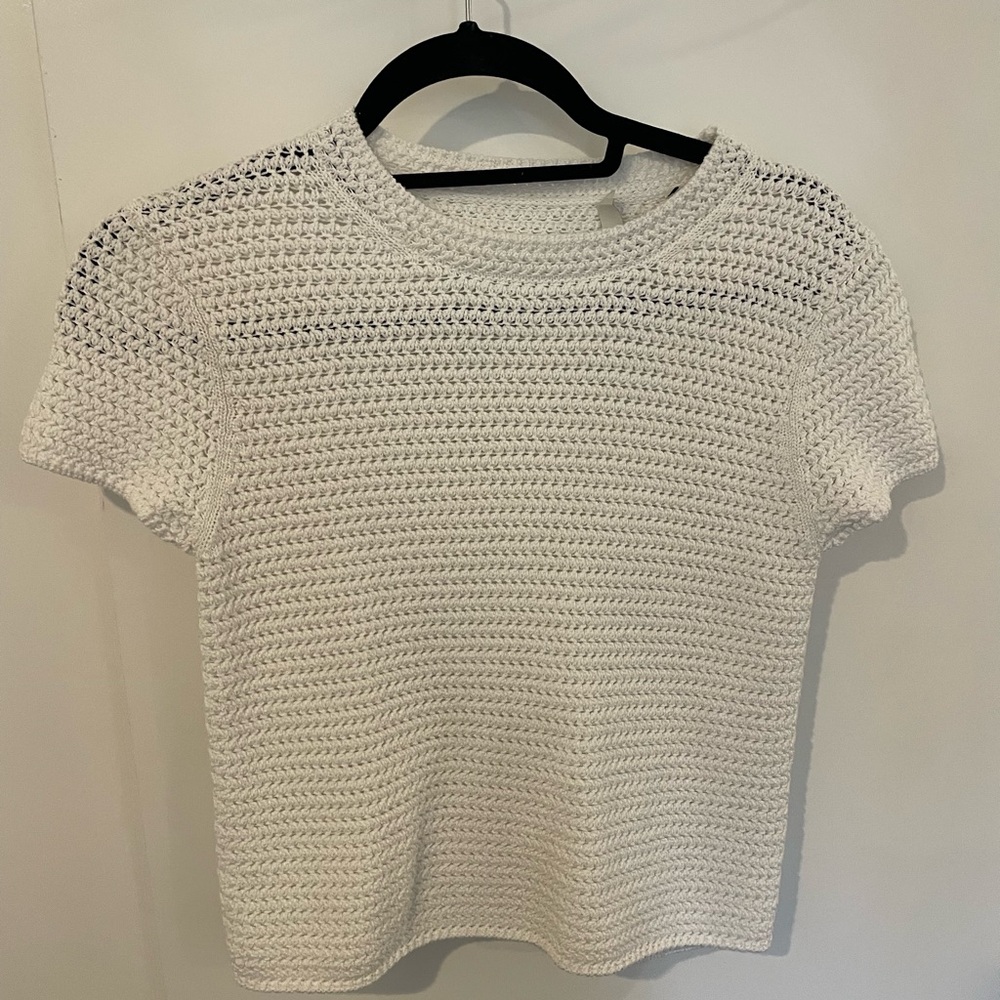 Vince White Short Sleeve Crochet Top